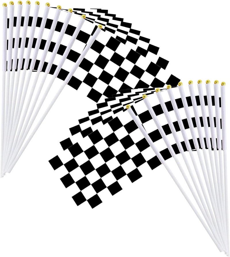 Piokio 20 Pack 8""x5.5"" Black and White Checkered Racing Stick Flag?Racing Hand Held Stick Flags  for Nascar Race Party Supplies - Image 1